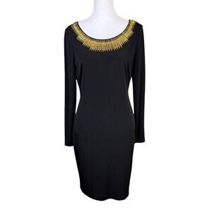 Calvin Klein Black Stretch Jersey Knit Gold Embellished Neck Long Sleeve Dress